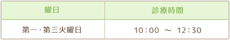 診療時間 毎週水曜日 10：00 ～ 15：00 第三日曜日 13：00 ～ 16：00